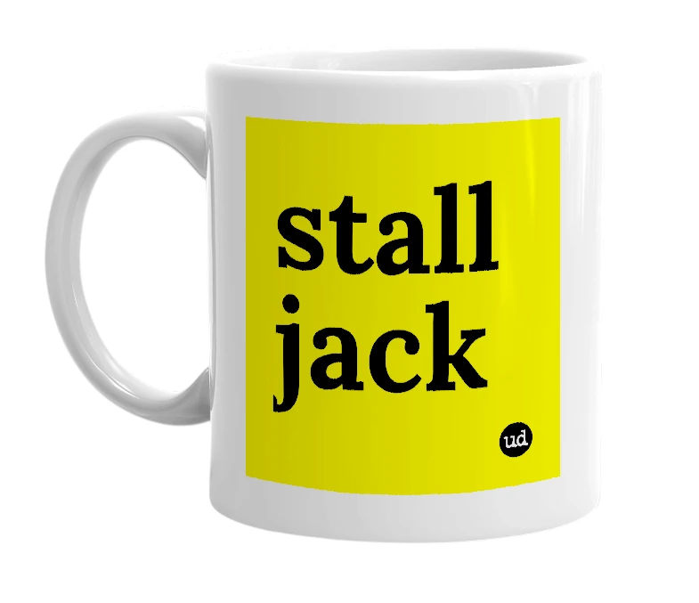 White mug with 'stall jack' in bold black letters