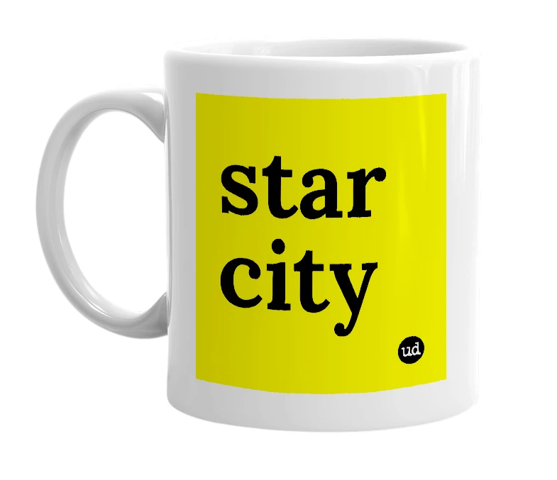 White mug with 'star city' in bold black letters