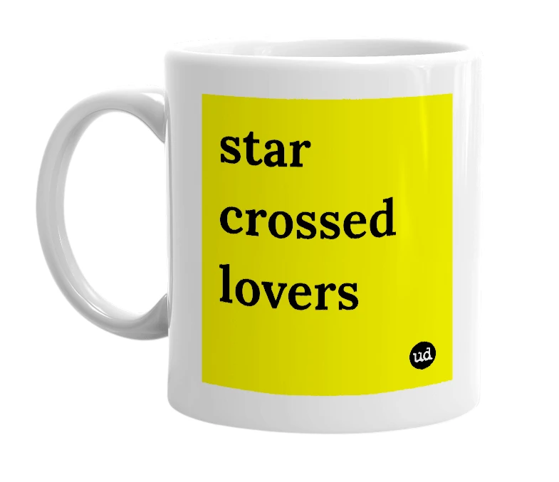White mug with 'star crossed lovers' in bold black letters