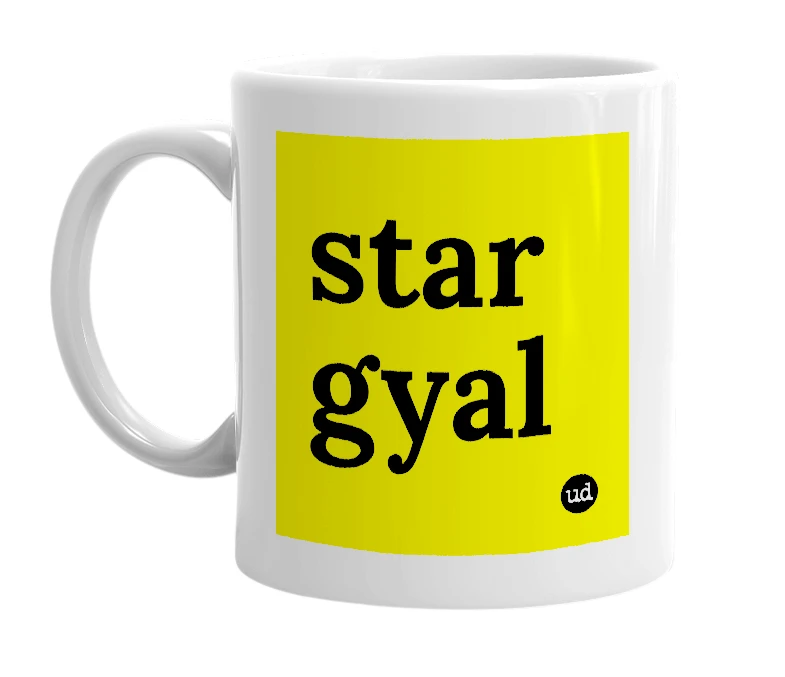 White mug with 'star gyal' in bold black letters