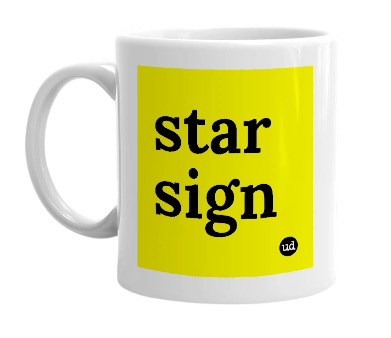 White mug with 'star sign' in bold black letters