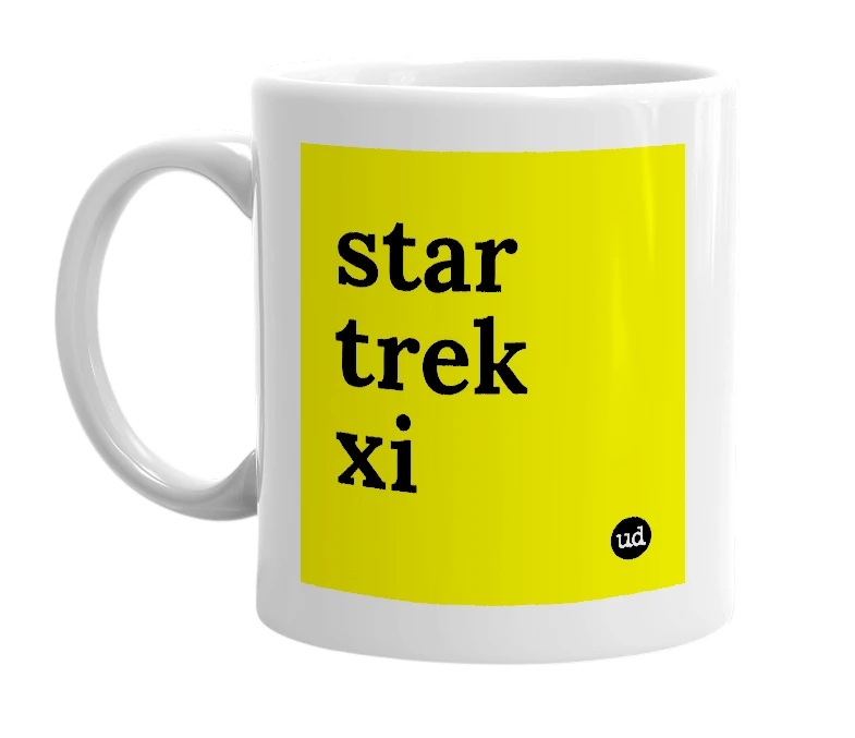 White mug with 'star trek xi' in bold black letters