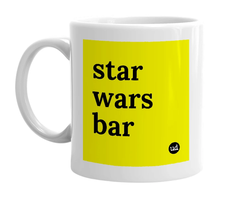 White mug with 'star wars bar' in bold black letters