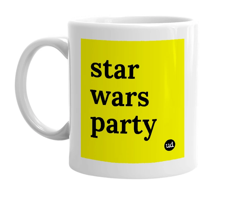 White mug with 'star wars party' in bold black letters