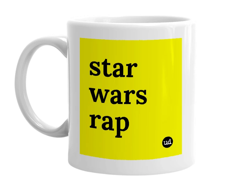White mug with 'star wars rap' in bold black letters