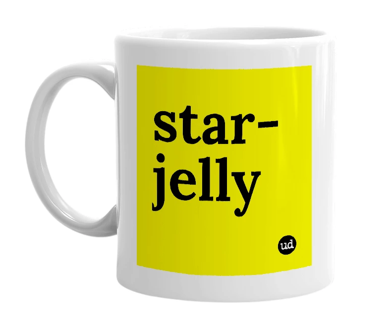 White mug with 'star-jelly' in bold black letters