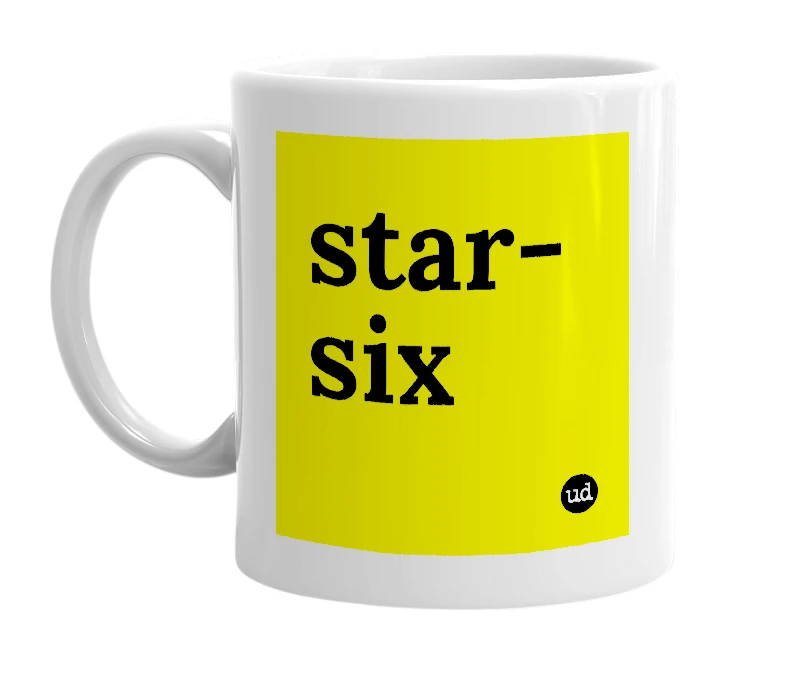 White mug with 'star-six' in bold black letters