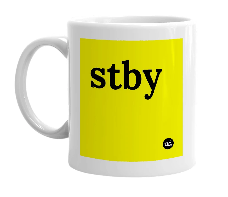 White mug with 'stby' in bold black letters