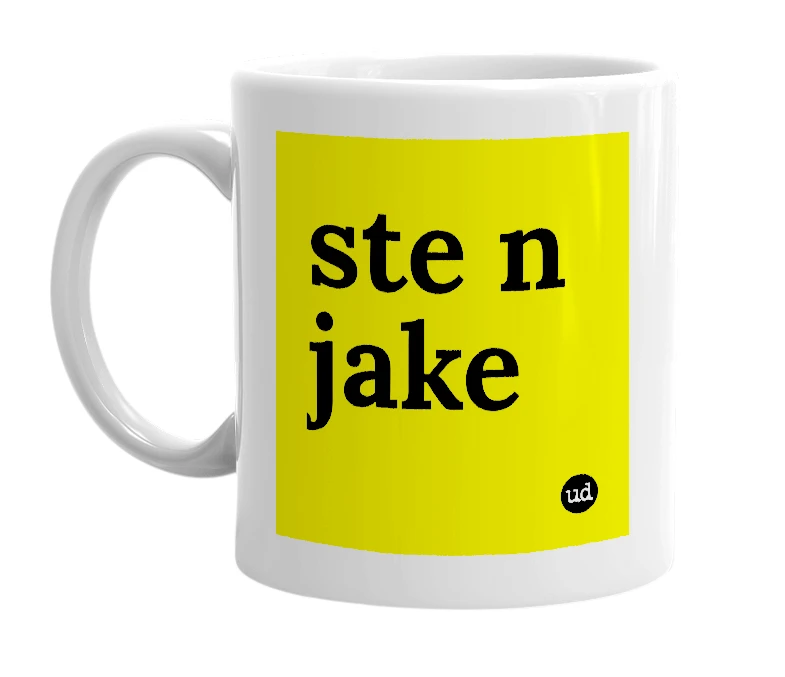White mug with 'ste n jake' in bold black letters