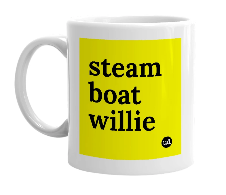 White mug with 'steam boat willie' in bold black letters