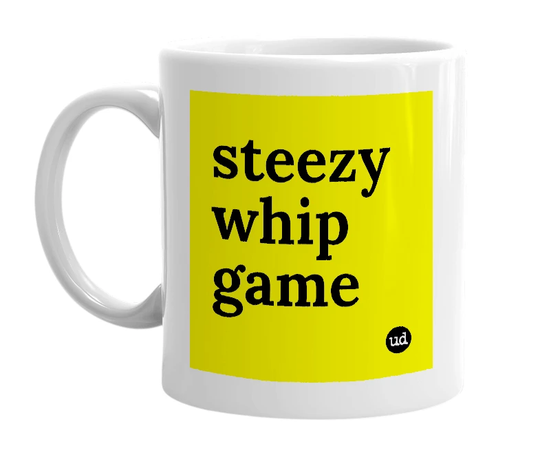 White mug with 'steezy whip game' in bold black letters