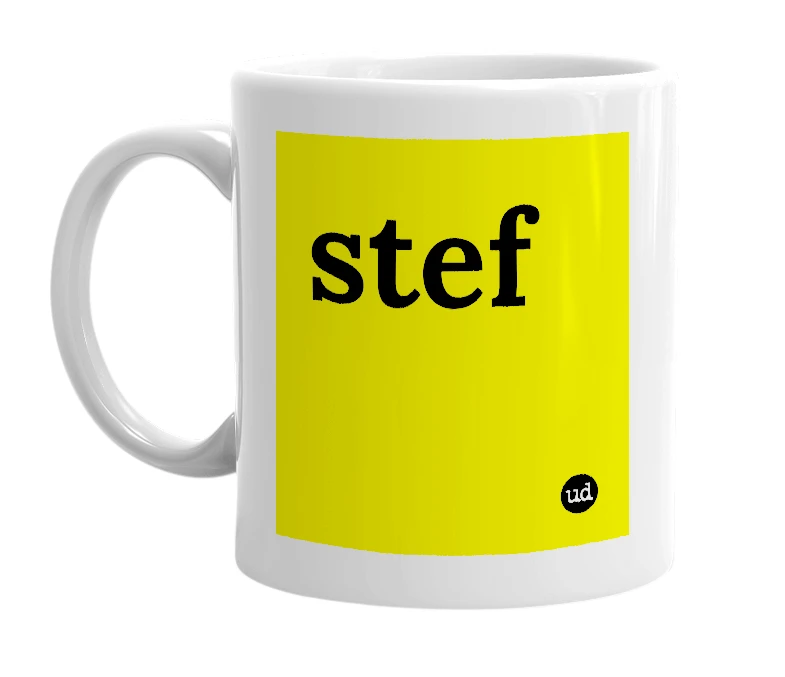 White mug with 'stef' in bold black letters