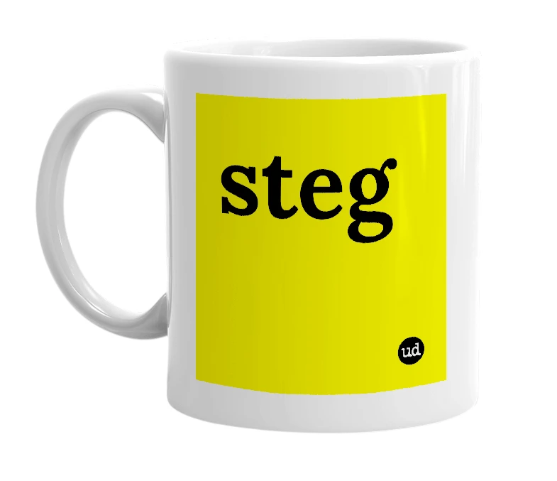 White mug with 'steg' in bold black letters