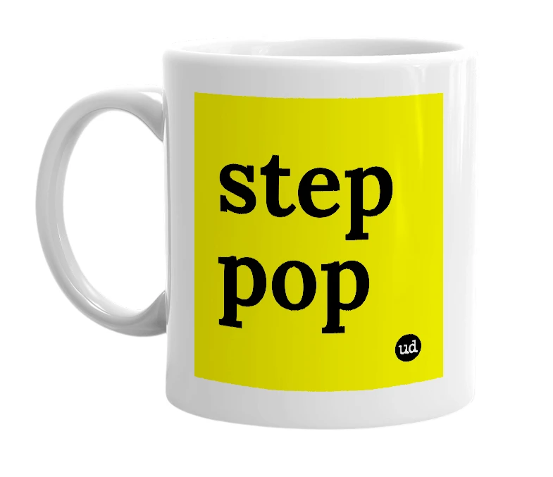 White mug with 'step pop' in bold black letters