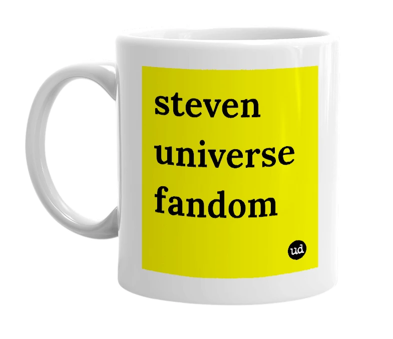 White mug with 'steven universe fandom' in bold black letters