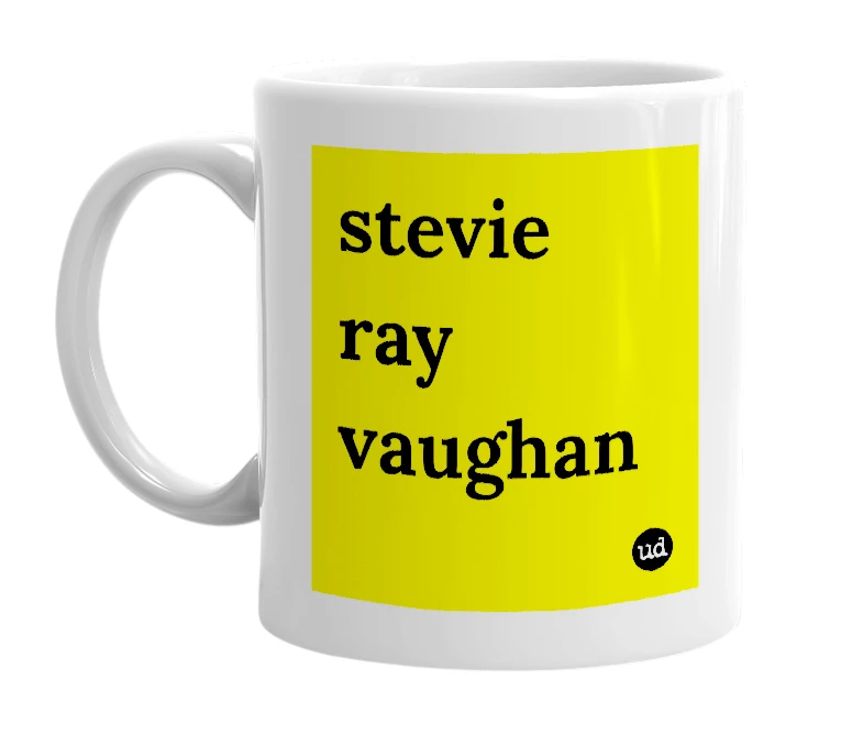 White mug with 'stevie ray vaughan' in bold black letters