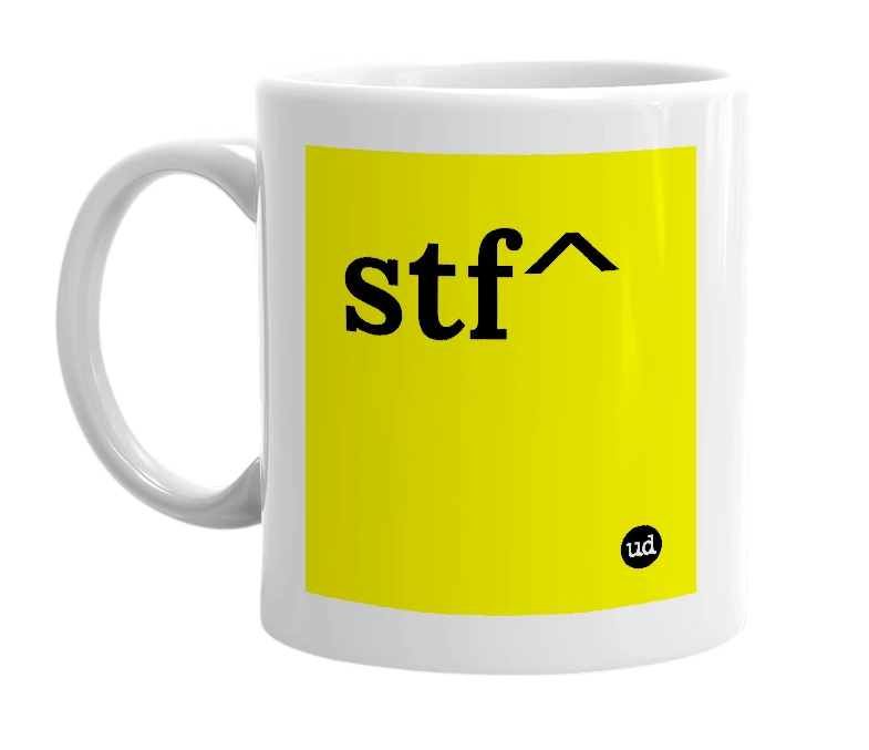White mug with 'stf^' in bold black letters
