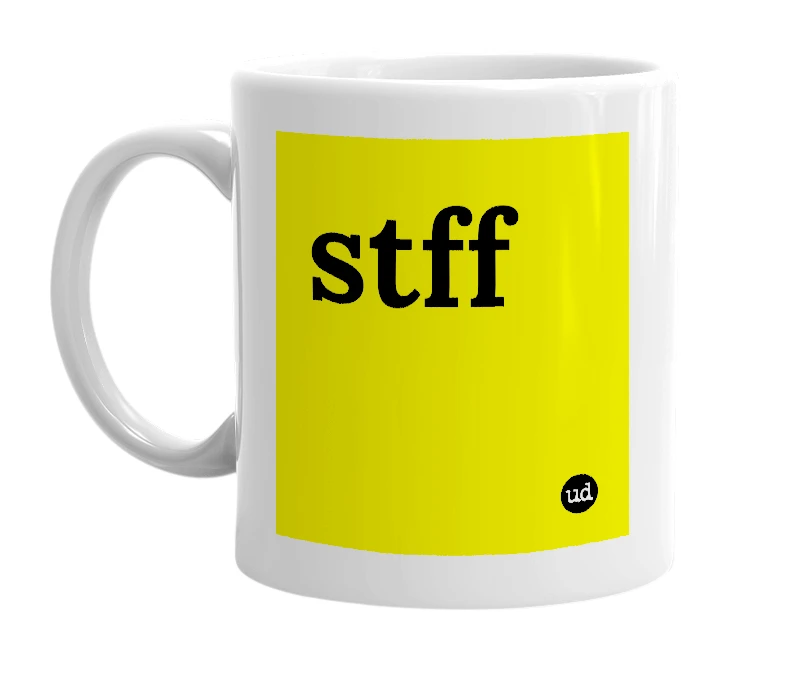 White mug with 'stff' in bold black letters