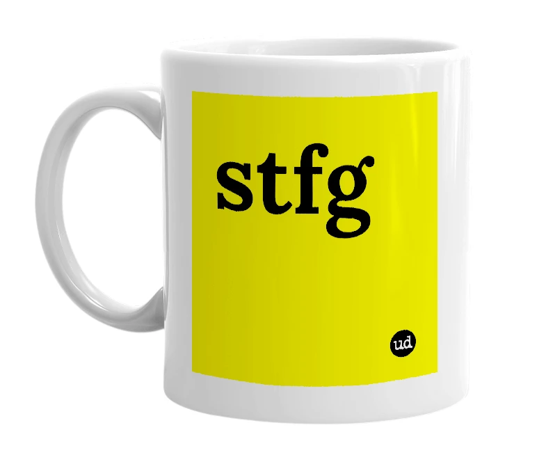 White mug with 'stfg' in bold black letters