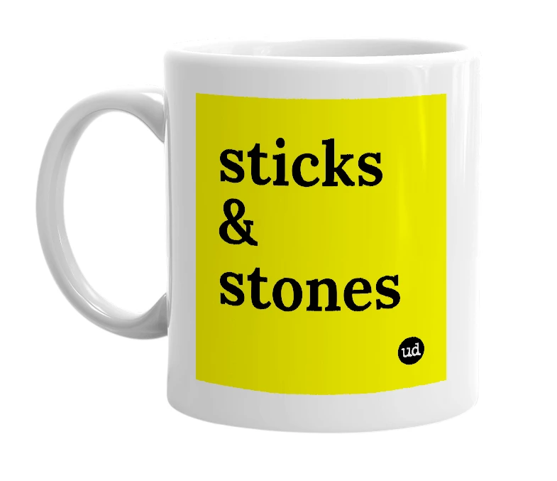 White mug with 'sticks & stones' in bold black letters