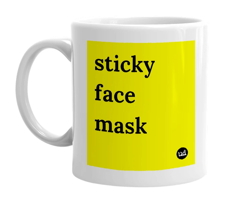 White mug with 'sticky face mask' in bold black letters