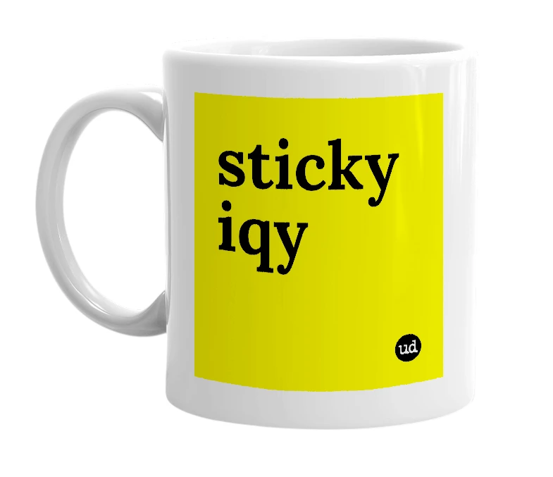 White mug with 'sticky iqy' in bold black letters