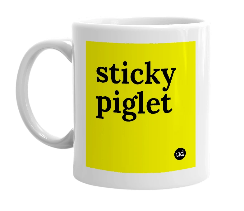 White mug with 'sticky piglet' in bold black letters