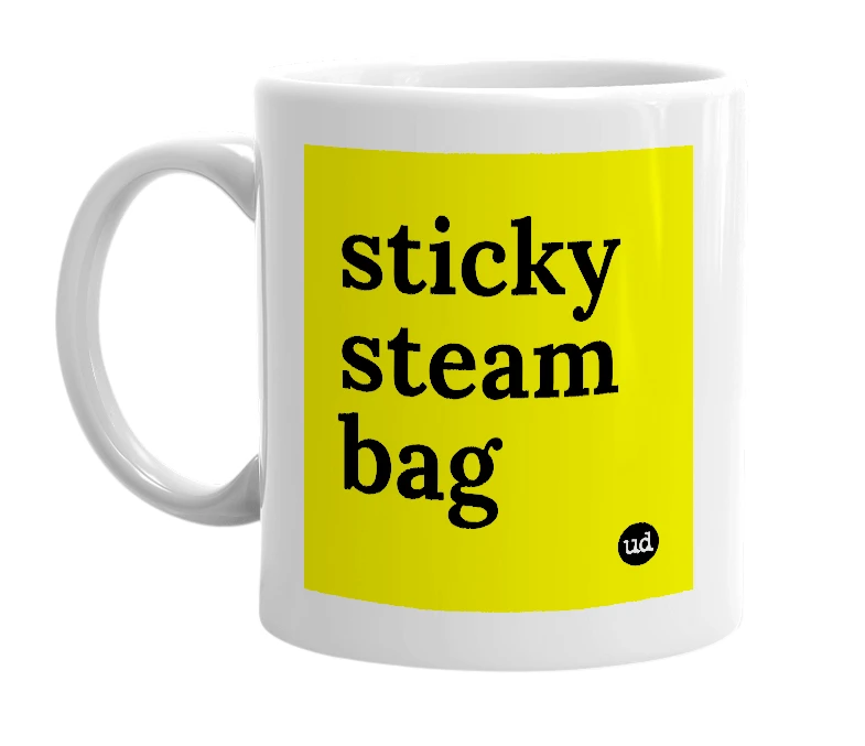 White mug with 'sticky steam bag' in bold black letters