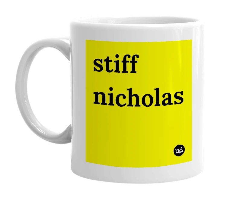 White mug with 'stiff nicholas' in bold black letters