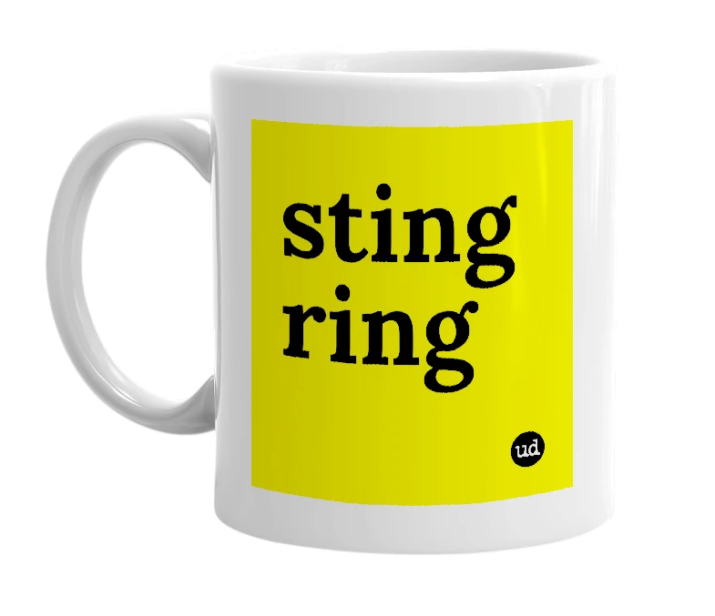 White mug with 'sting ring' in bold black letters