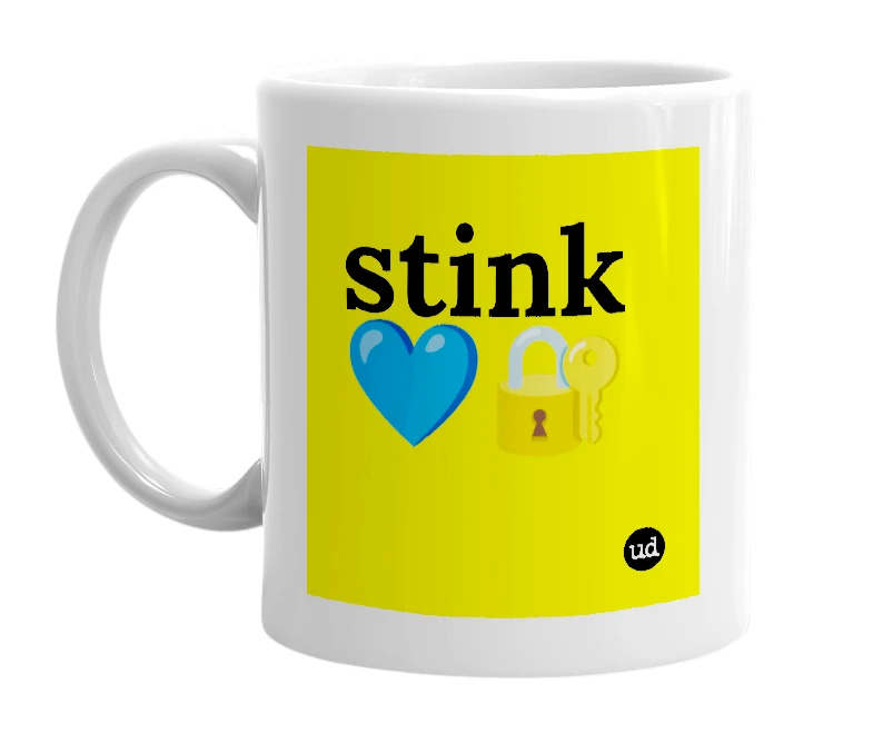White mug with 'stink💙🔐' in bold black letters
