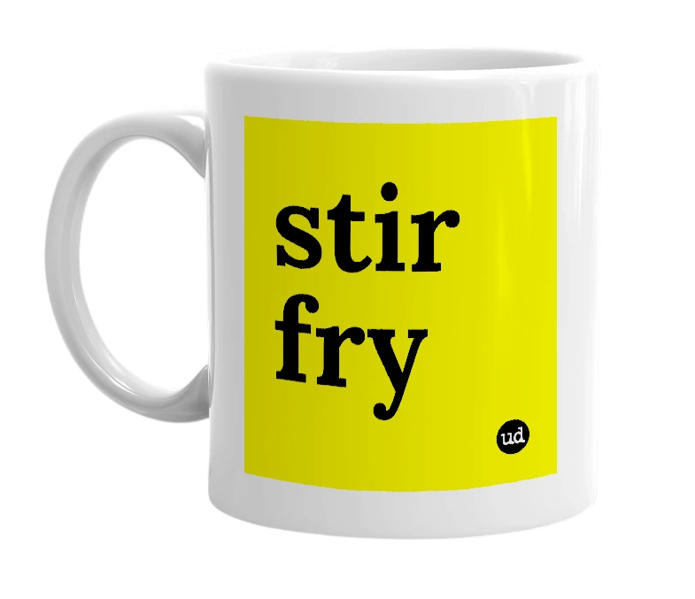 White mug with 'stir fry' in bold black letters