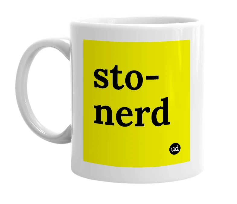 White mug with 'sto-nerd' in bold black letters