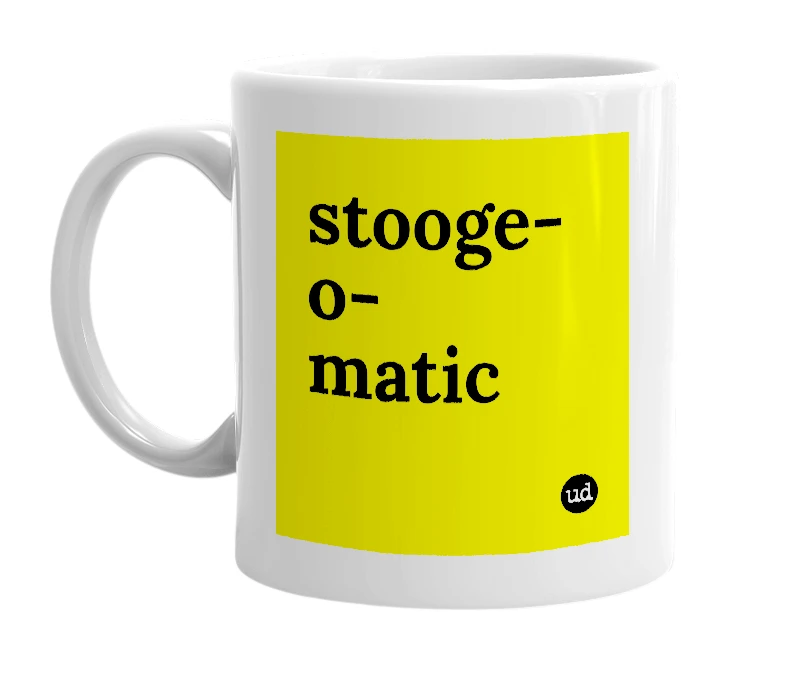 White mug with 'stooge-o-matic' in bold black letters