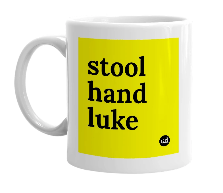 White mug with 'stool hand luke' in bold black letters