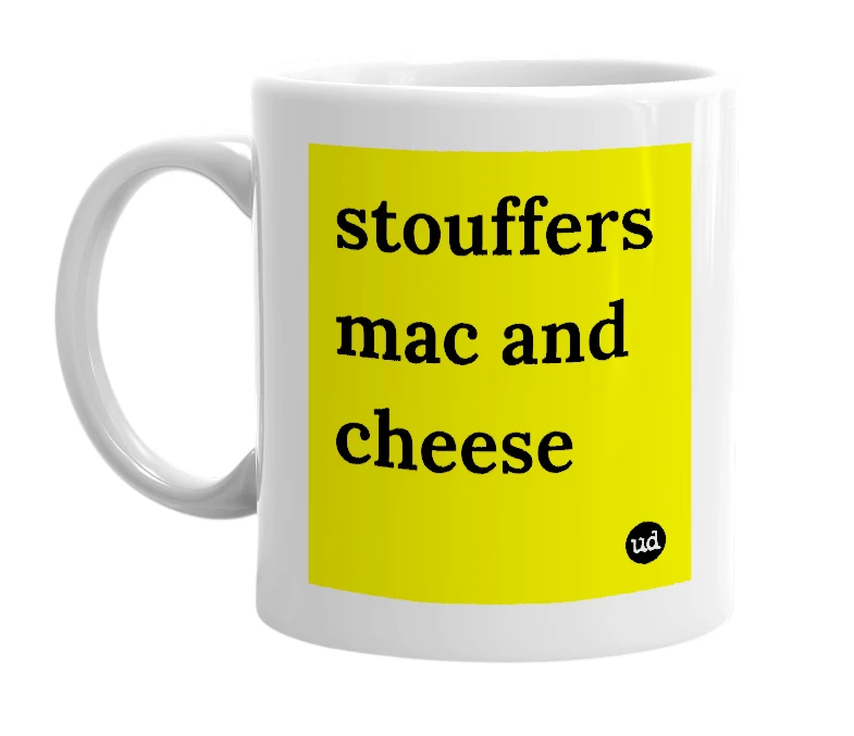 White mug with 'stouffers mac and cheese' in bold black letters