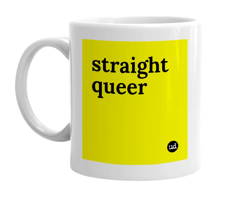 White mug with 'straight queer' in bold black letters