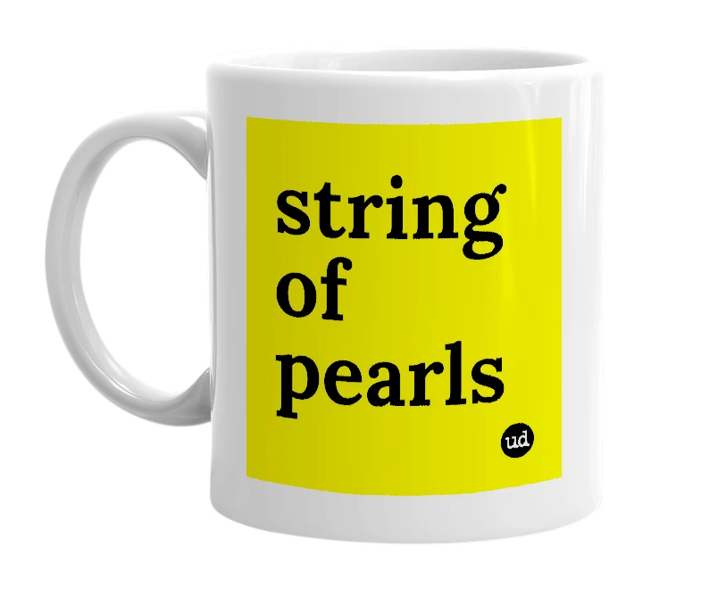 White mug with 'string of pearls' in bold black letters