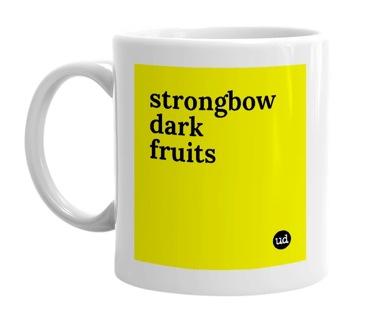 White mug with 'strongbow dark fruits' in bold black letters