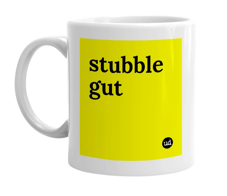 White mug with 'stubble gut' in bold black letters