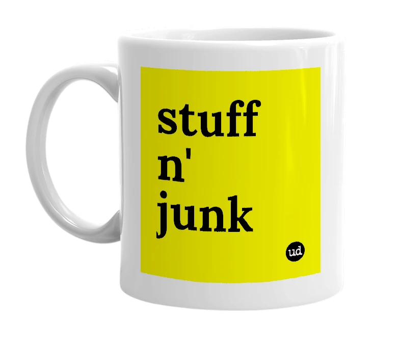 White mug with 'stuff n' junk' in bold black letters