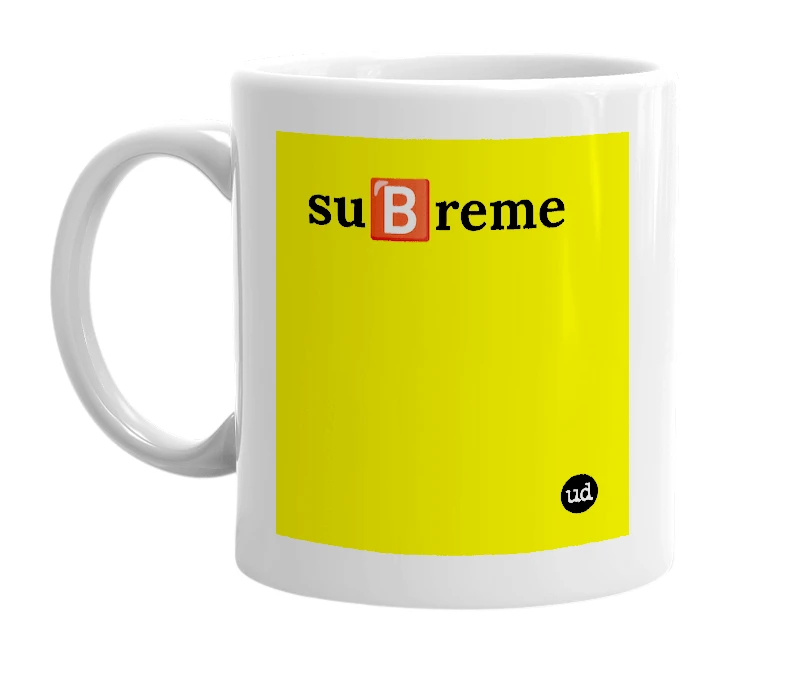 White mug with 'su🅱️reme' in bold black letters