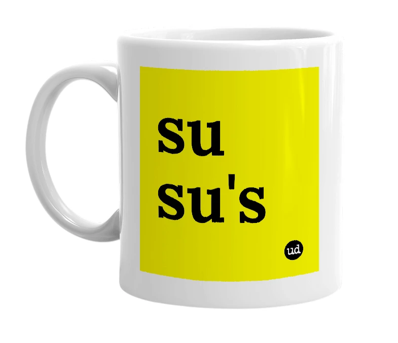 White mug with 'su su's' in bold black letters