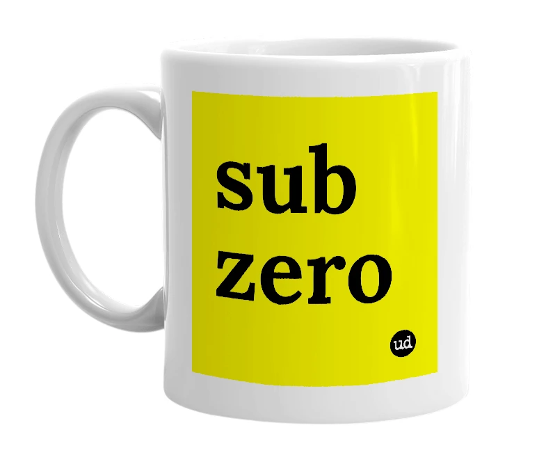 White mug with 'sub zero' in bold black letters