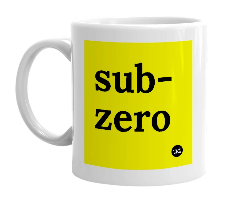 White mug with 'sub-zero' in bold black letters