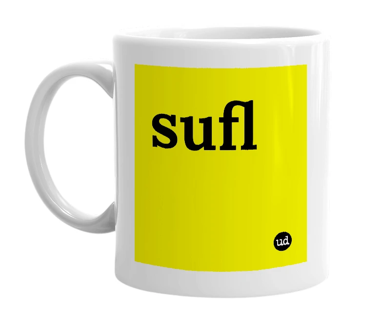 White mug with 'sufl' in bold black letters