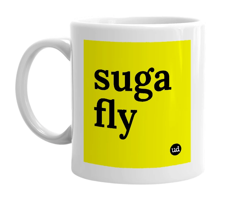 White mug with 'suga fly' in bold black letters