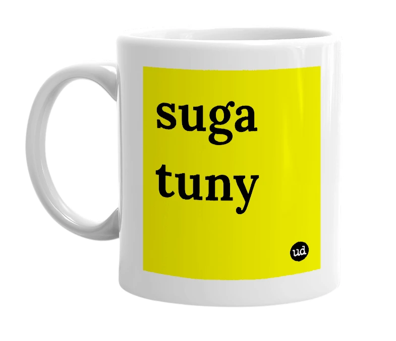 White mug with 'suga tuny' in bold black letters