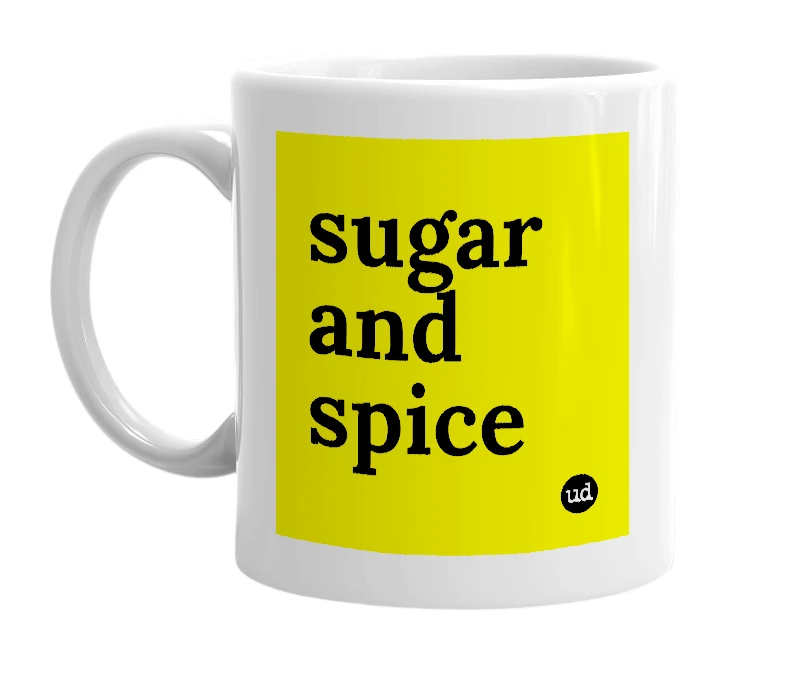 White mug with 'sugar and spice' in bold black letters