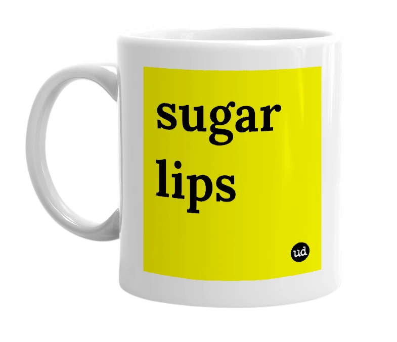 White mug with 'sugar lips' in bold black letters